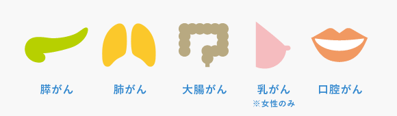 肺がん、膵がん、大腸がん、乳がん（女性のみ）、口腔がん
